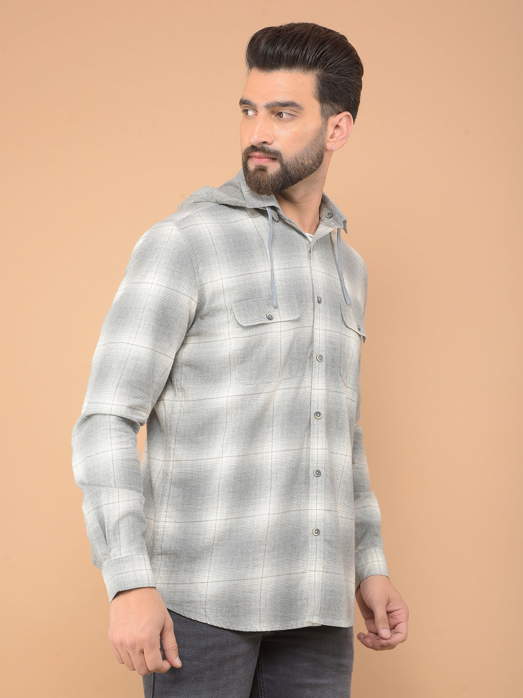 Grey Checked 100% Cotton Hooded Double Pocket Shirt-Men Shirts-Crimsoune Club