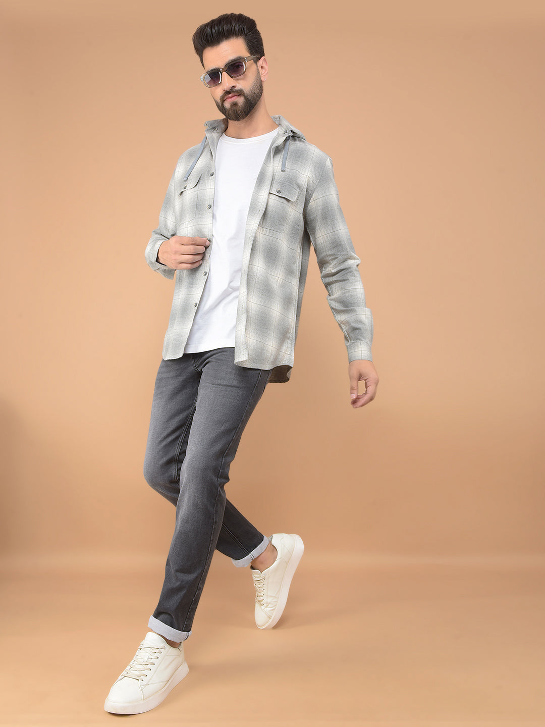 Grey Checked 100% Cotton Hooded Double Pocket Shirt-Men Shirts-Crimsoune Club