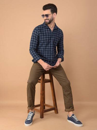 Navy Blue Checked 100% Cotton Shirt-Men Shirts-Crimsoune Club