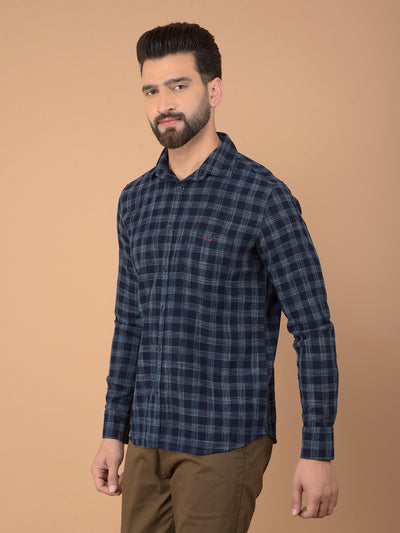 Navy Blue Checked 100% Cotton Shirt-Men Shirts-Crimsoune Club