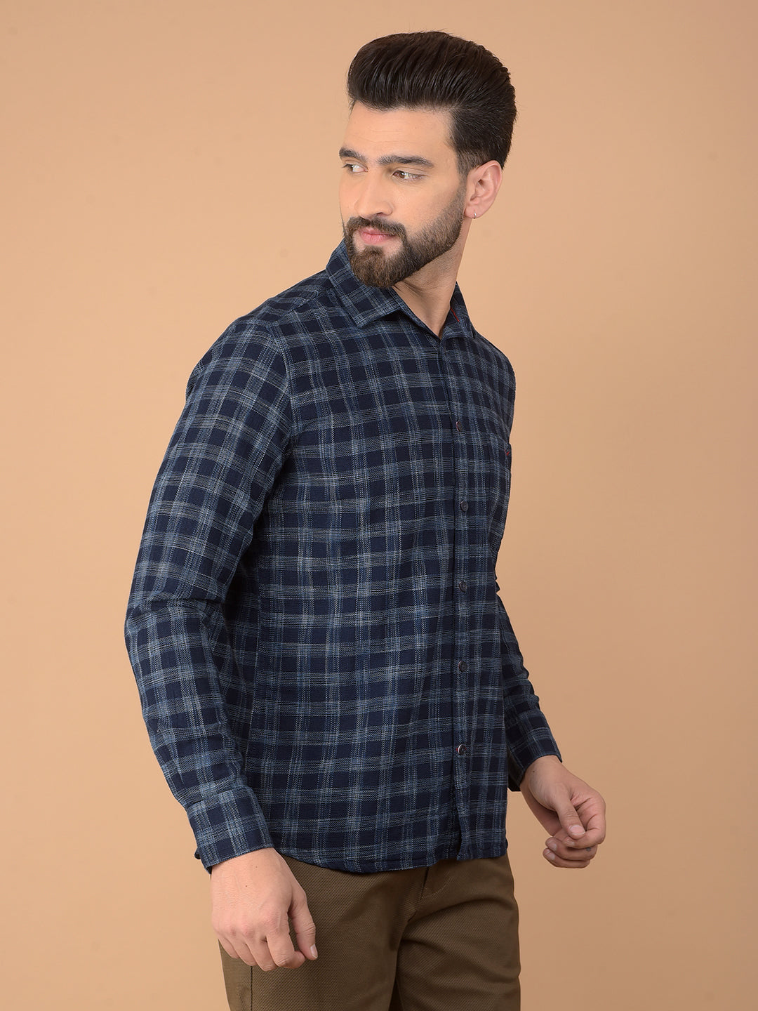 Navy Blue Checked 100% Cotton Shirt-Men Shirts-Crimsoune Club