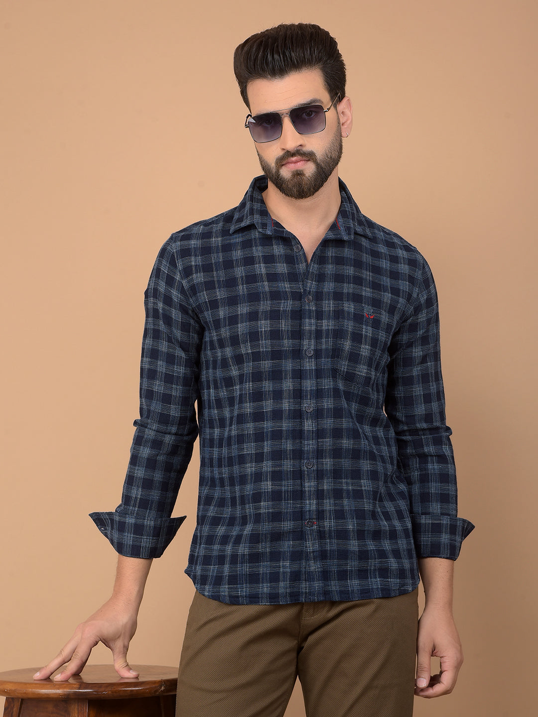 Navy Blue Checked 100% Cotton Shirt-Men Shirts-Crimsoune Club