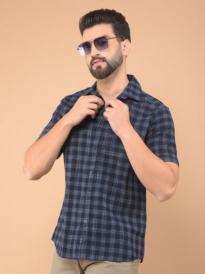 Navy Blue Checked 100% Cotton Shirt-Men Shirts-Crimsoune Club