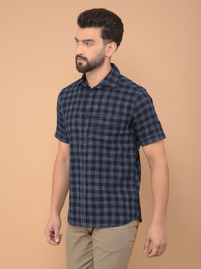 Navy Blue Checked 100% Cotton Shirt-Men Shirts-Crimsoune Club