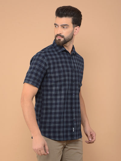 Navy Blue Checked 100% Cotton Shirt-Men Shirts-Crimsoune Club