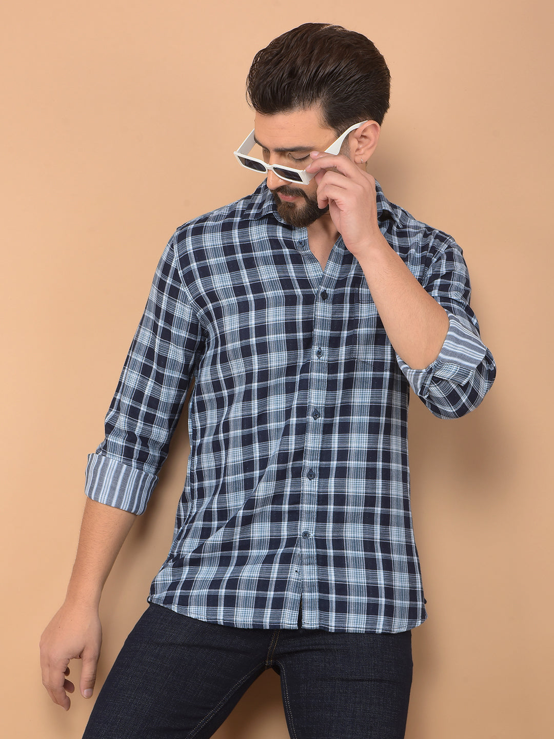 Blue Checked 100% Cotton Shirt-Men Shirts-Crimsoune Club