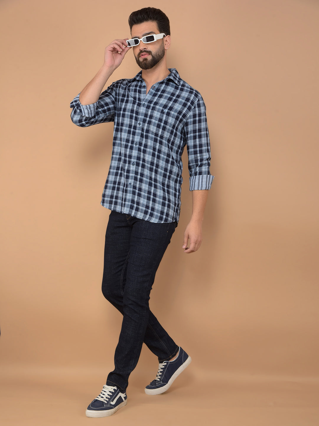 Blue Checked 100% Cotton Shirt-Men Shirts-Crimsoune Club