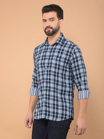 Blue Checked 100% Cotton Shirt-Men Shirts-Crimsoune Club