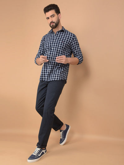 Navy Blue Checked 100% Cotton Shirt-Men Shirts-Crimsoune Club