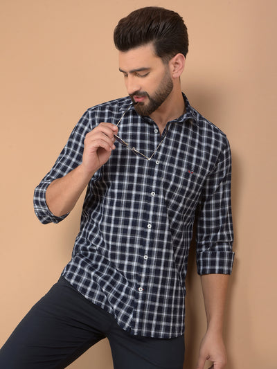 Navy Blue Checked 100% Cotton Shirt-Men Shirts-Crimsoune Club