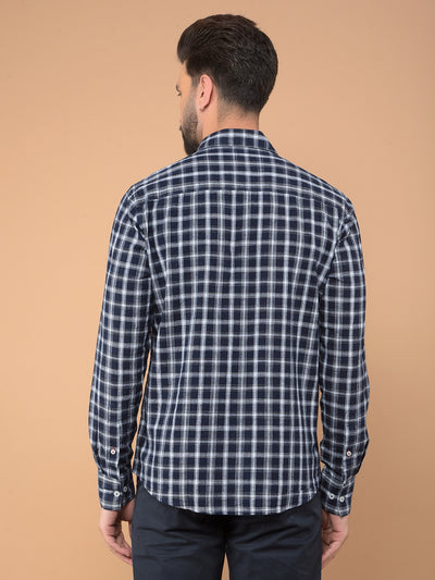 Navy Blue Checked 100% Cotton Shirt-Men Shirts-Crimsoune Club