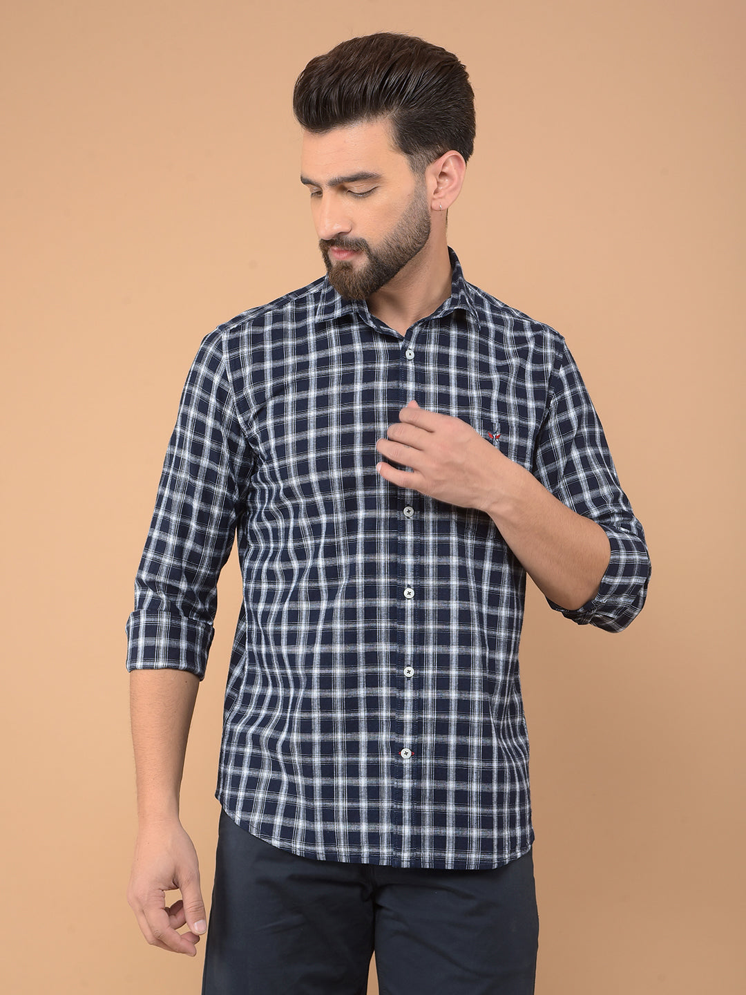 Navy Blue Checked 100% Cotton Shirt-Men Shirts-Crimsoune Club