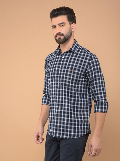 Navy Blue Checked 100% Cotton Shirt-Men Shirts-Crimsoune Club