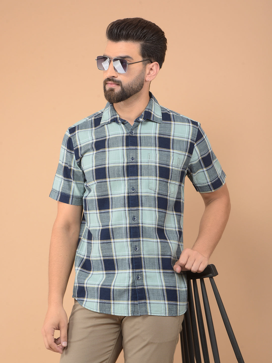 Green Checked 100% Cotton Shirt-Men Shirts-Crimsoune Club