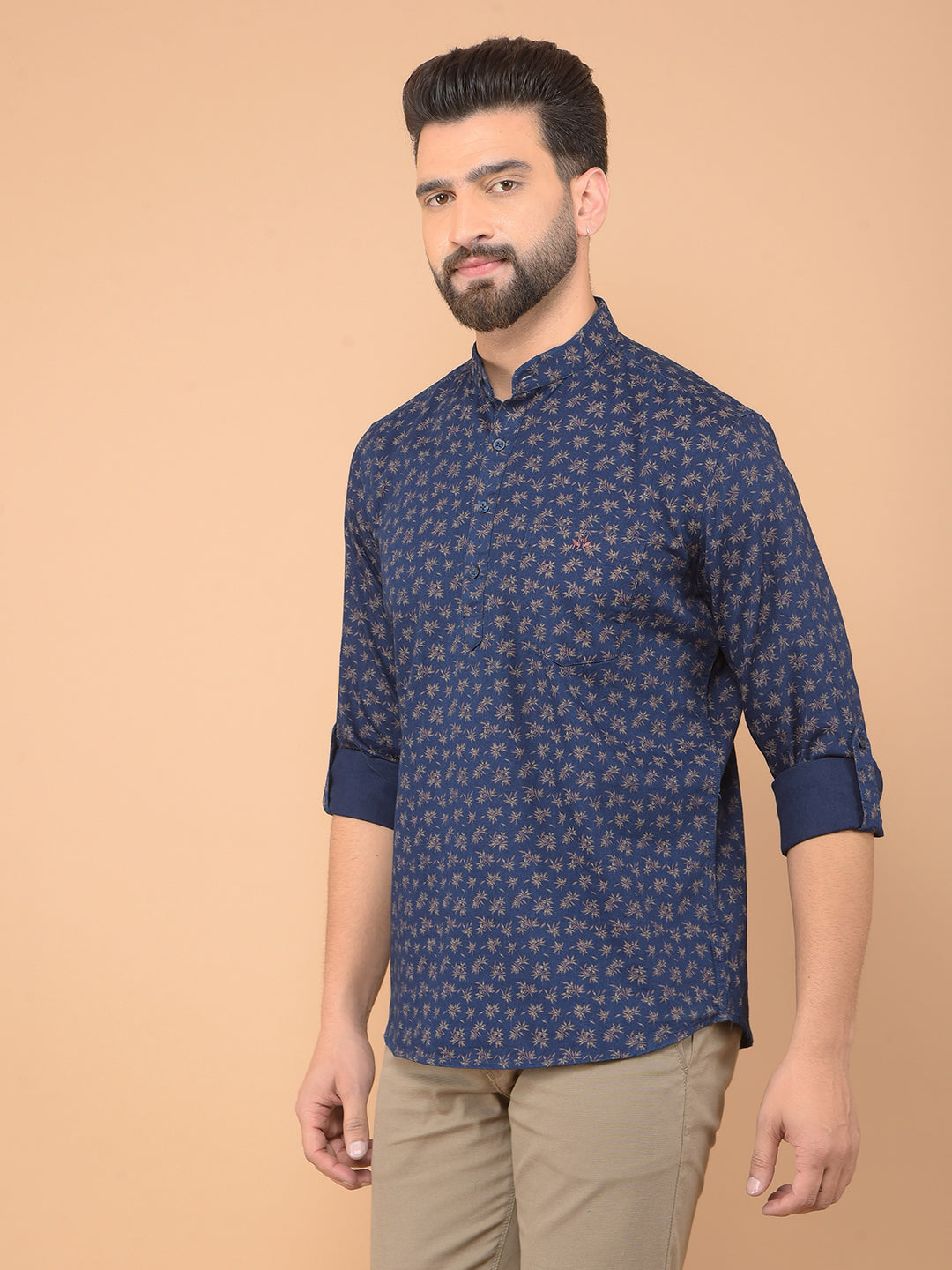 Blue Floral Print 100% Cotton Kurta-Men Kurtas-Crimsoune Club