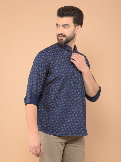 Blue Floral Print 100% Cotton Kurta-Men Kurtas-Crimsoune Club