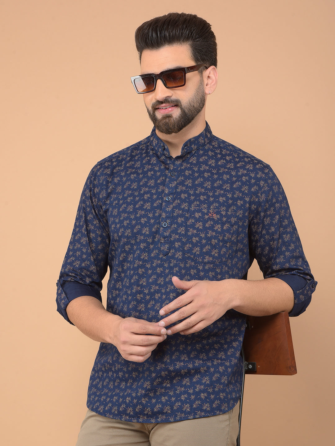 Blue Floral Print 100% Cotton Kurta-Men Kurtas-Crimsoune Club