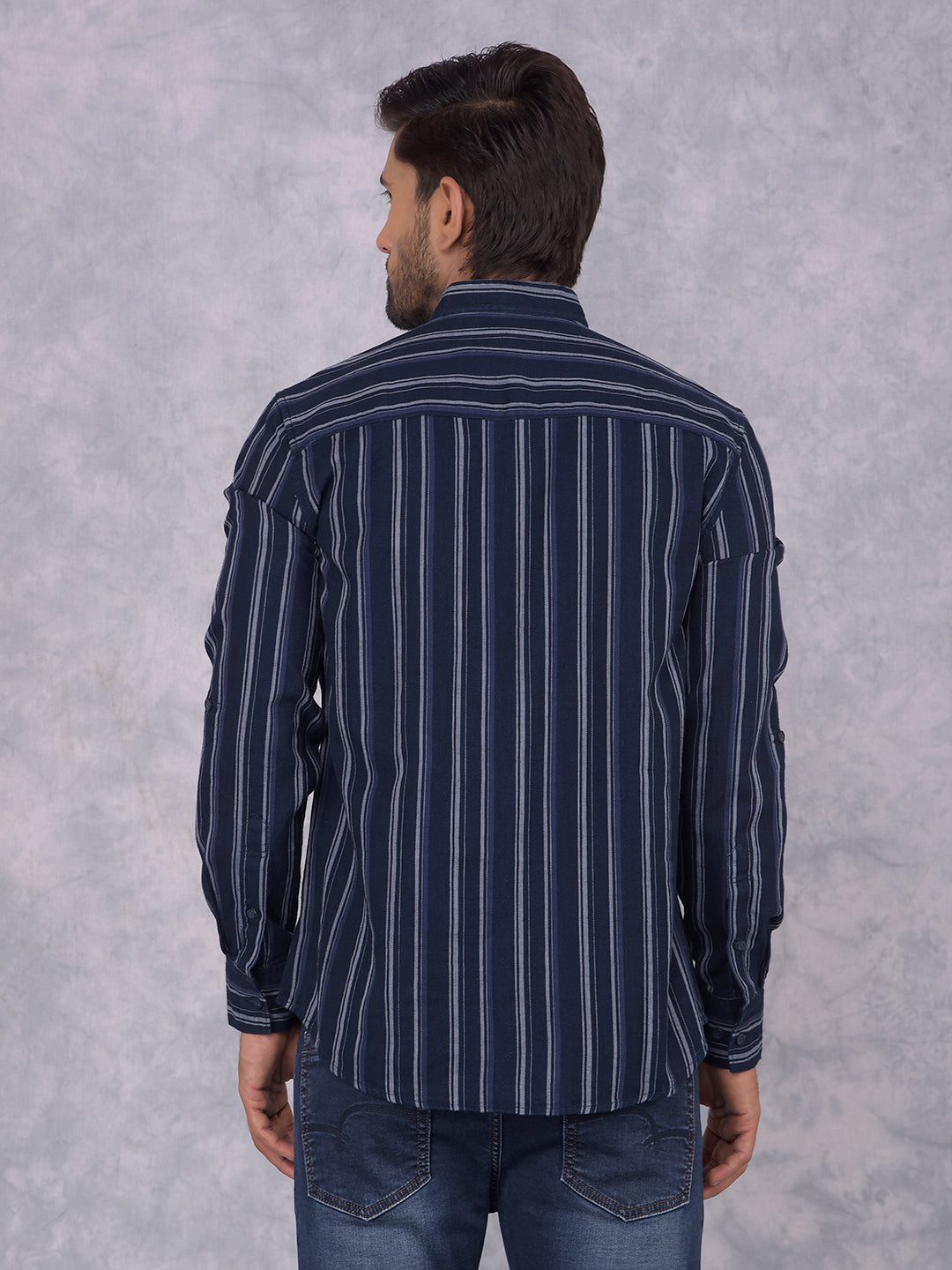 Navy Blue Vertical Stripes 100% Cotton Kurta-Men Kurtas-Crimsoune Club