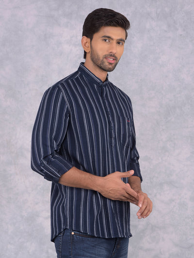 Navy Blue Vertical Stripes 100% Cotton Kurta-Men Kurtas-Crimsoune Club