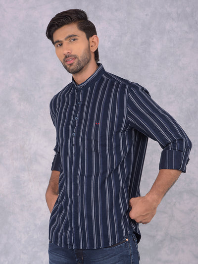 Navy Blue Vertical Stripes 100% Cotton Kurta-Men Kurtas-Crimsoune Club