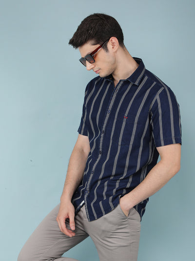 Navy Blue Vertical Stripes 100% Cotton Shirt-Men Shirts-Crimsoune Club