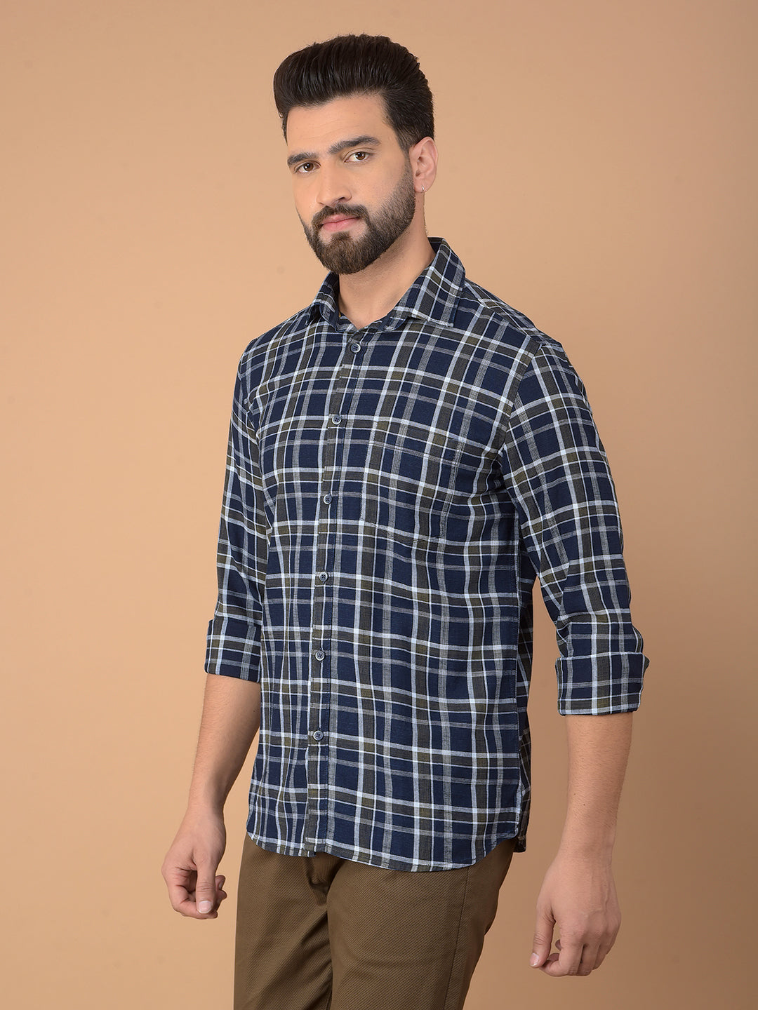 Navy Blue Checked 100% Cotton Shirt-Men Shirts-Crimsoune Club