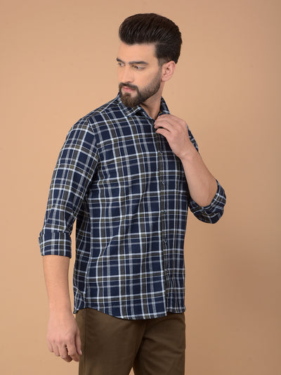 Navy Blue Checked 100% Cotton Shirt-Men Shirts-Crimsoune Club