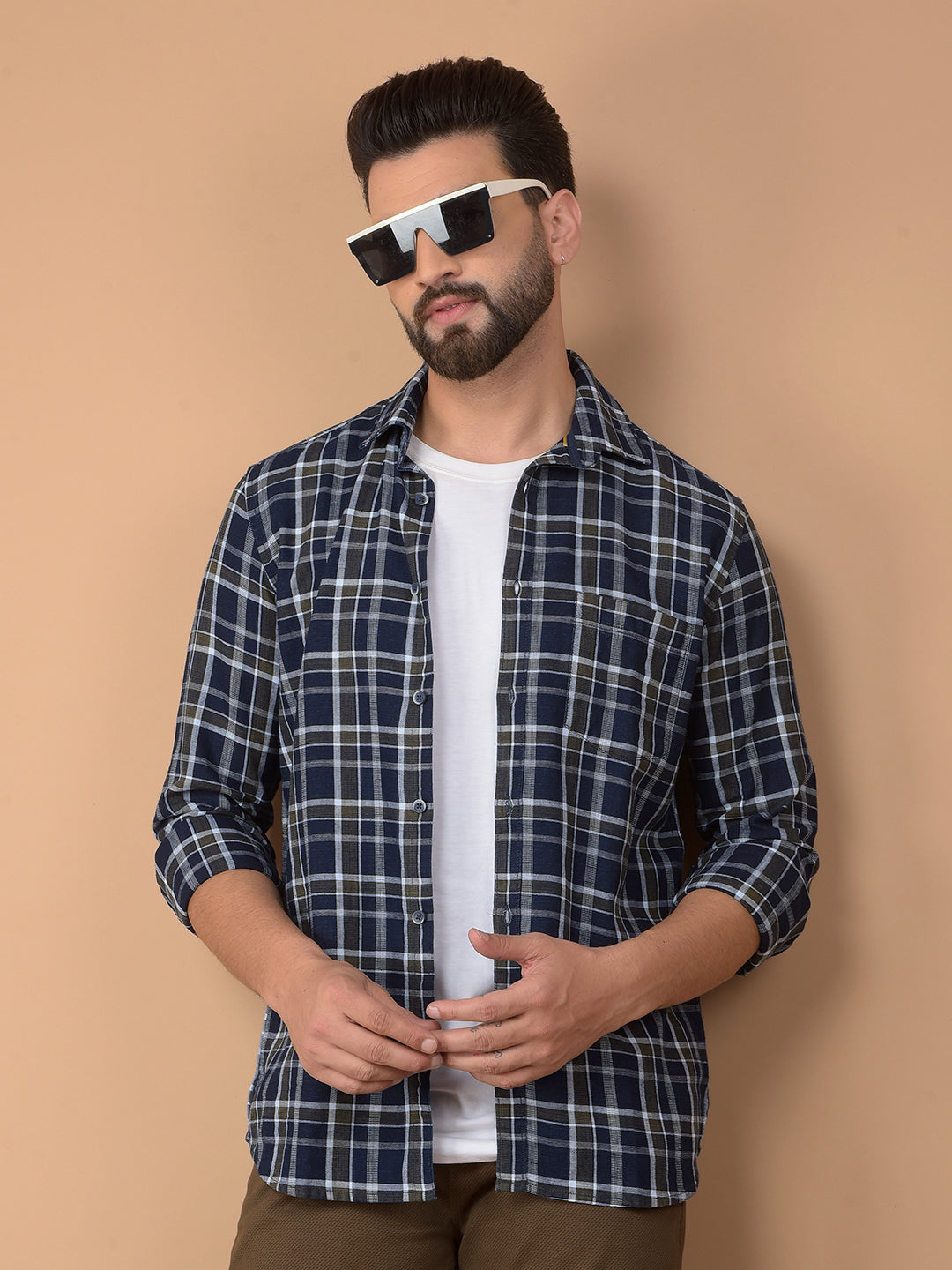 Navy Blue Checked 100% Cotton Shirt-Men Shirts-Crimsoune Club