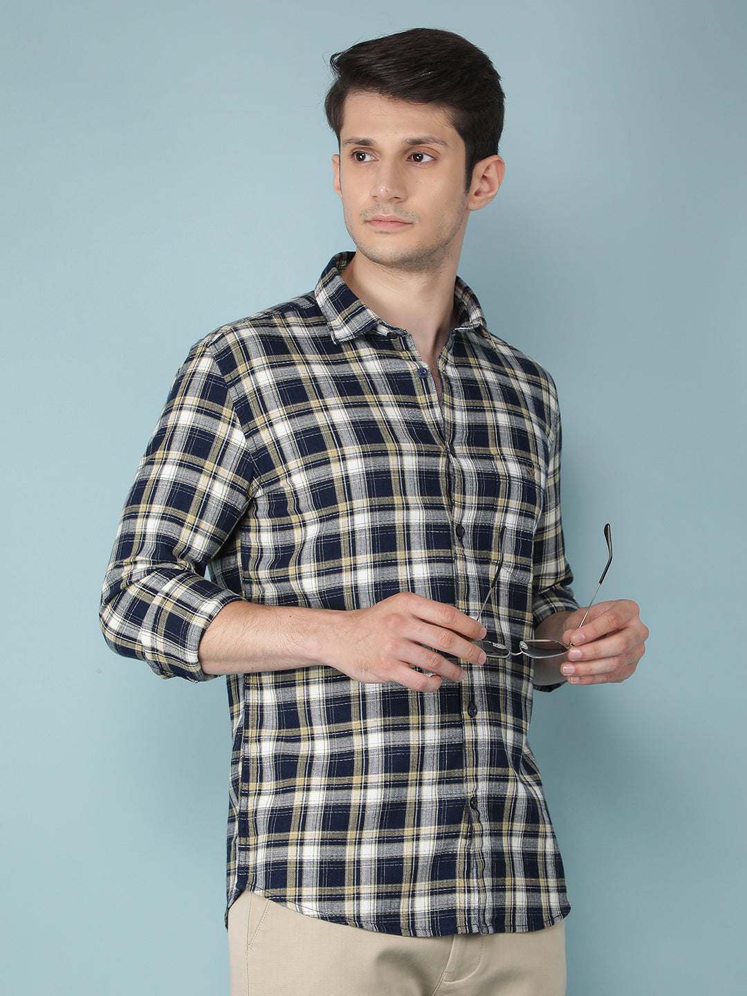 Navy Blue Checkered 100% Cotton Shirt-Men Shirts-Crimsoune Club