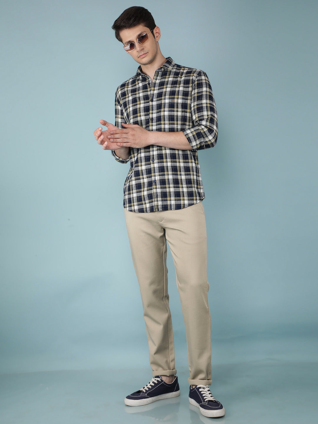 Navy Blue Checkered 100% Cotton Shirt-Men Shirts-Crimsoune Club