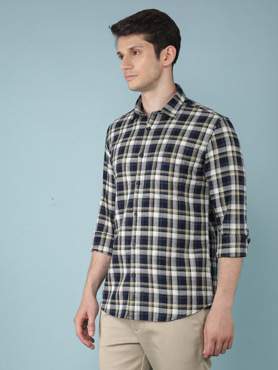 Navy Blue Checkered 100% Cotton Shirt-Men Shirts-Crimsoune Club