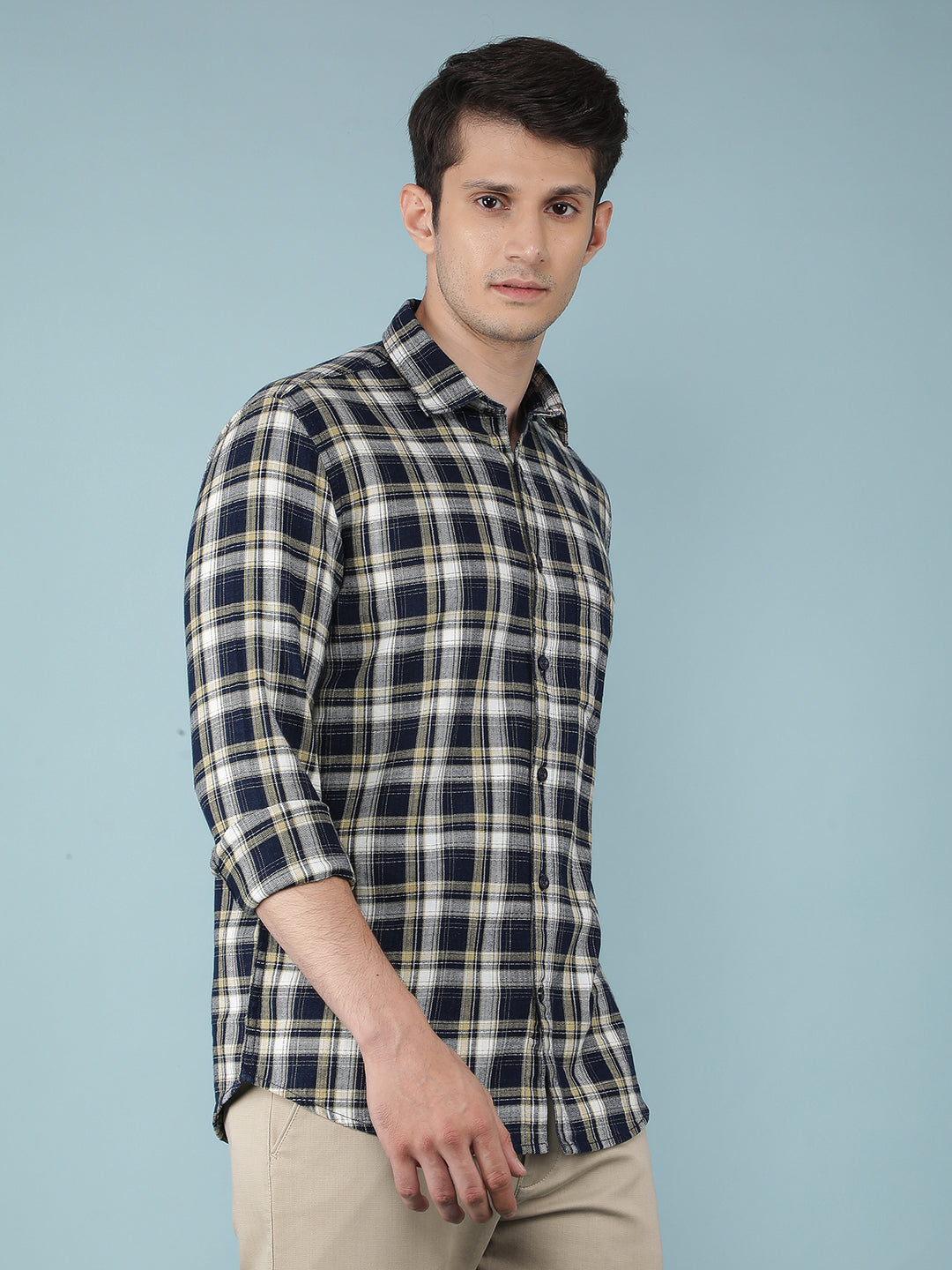 Navy Blue Checkered 100% Cotton Shirt-Men Shirts-Crimsoune Club