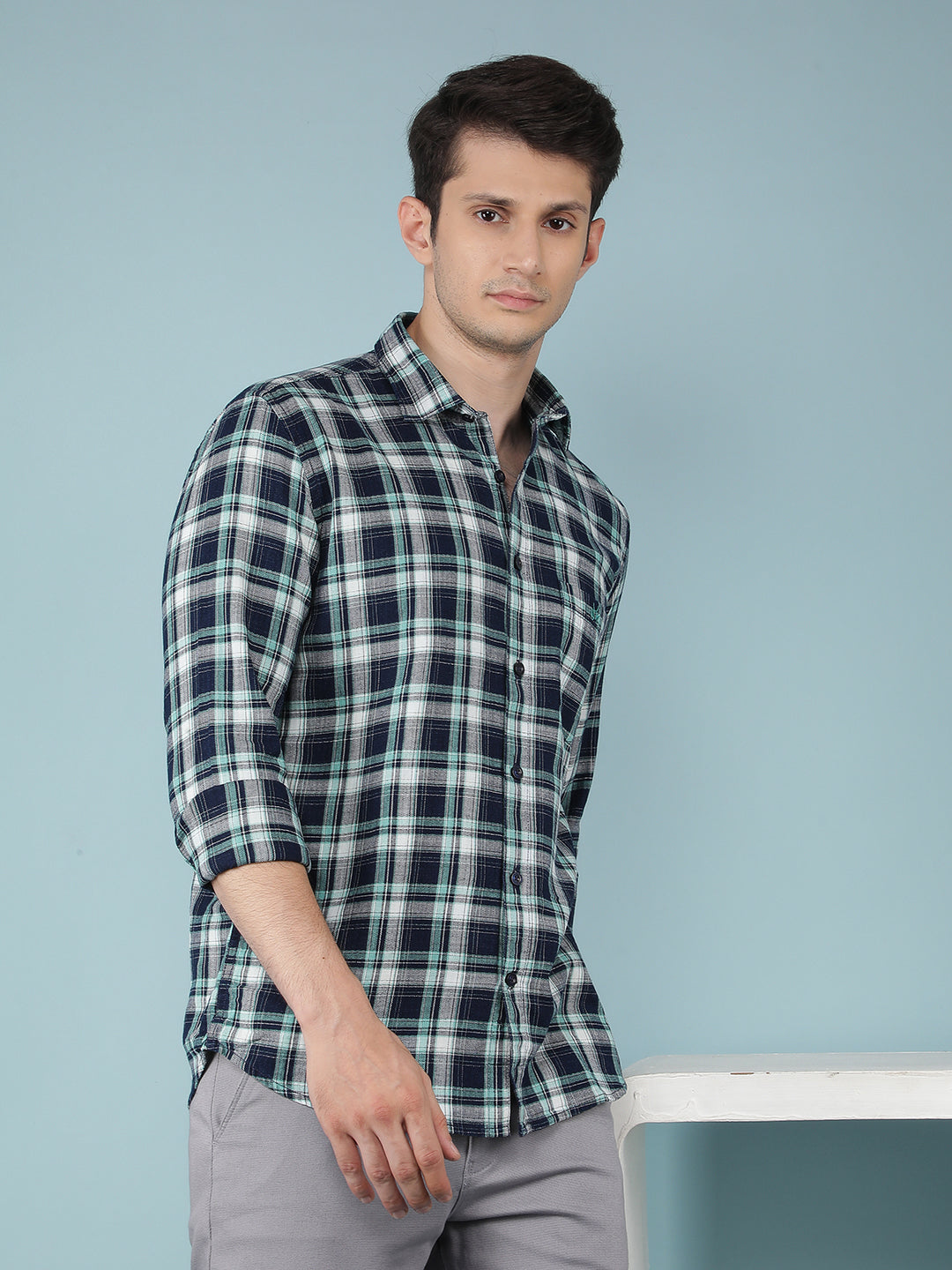 Blue Checkered 100% Cotton Shirt-Men Shirts-Crimsoune Club