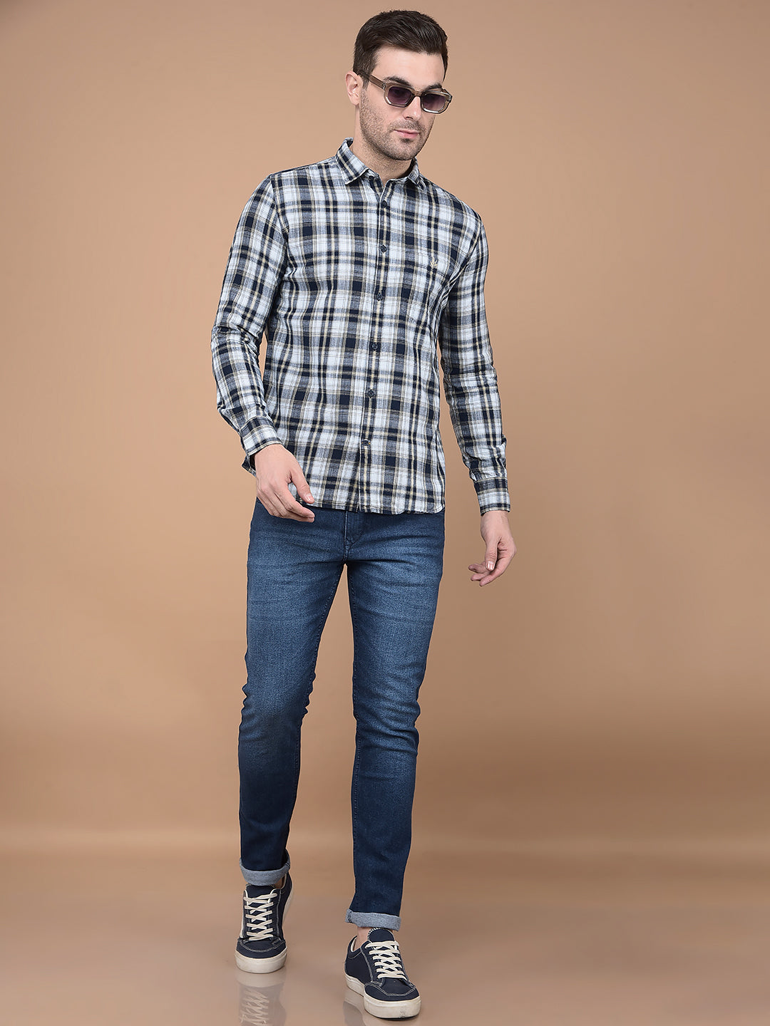 Beige Checked 100% Cotton Shirt