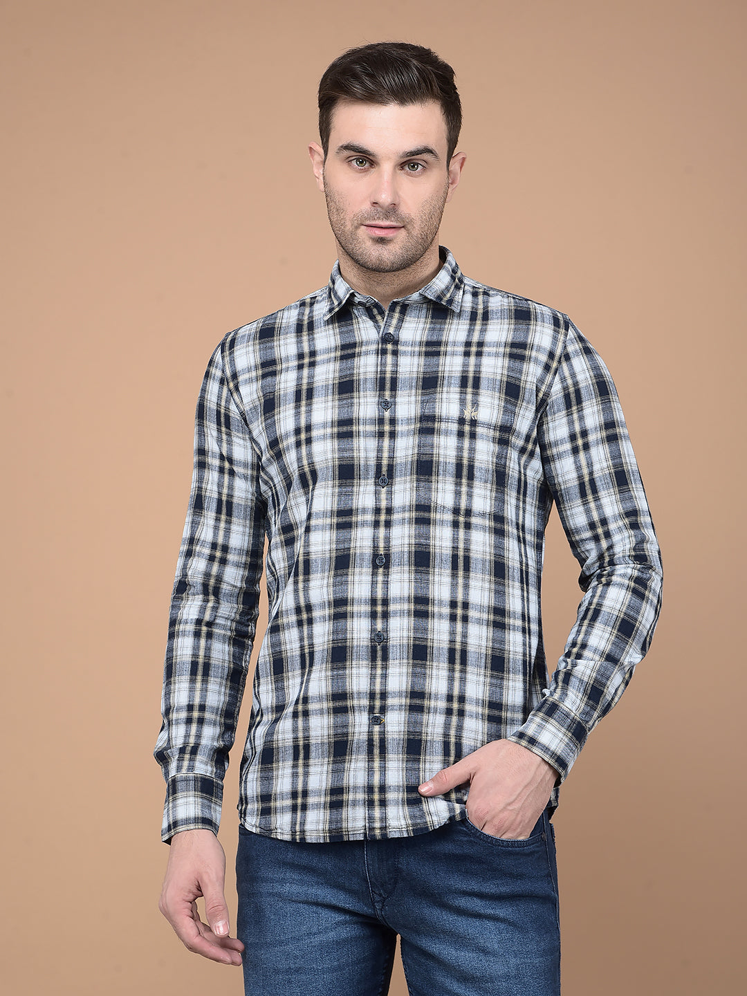 Beige Checked 100% Cotton Shirt