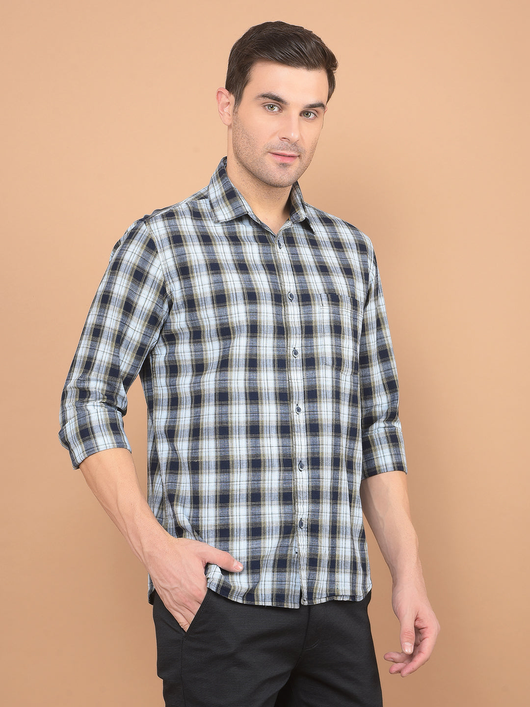 Beige Checked 100% Cotton Shirt-Men Shirts-Crimsoune Club