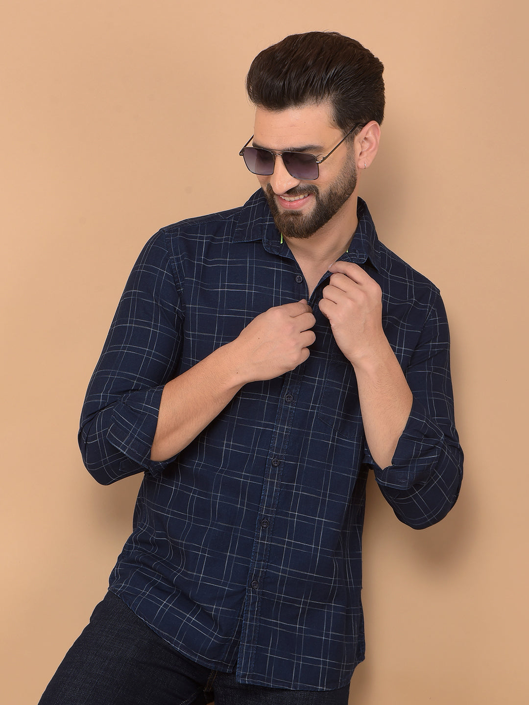 Navy Blue Checked Shirt-Men Shirts-Crimsoune Club