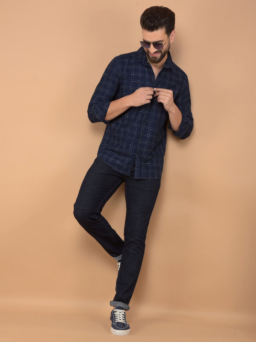 Navy Blue Checked Shirt-Men Shirts-Crimsoune Club