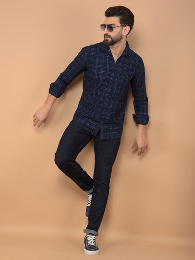 Navy Blue Checked Shirt-Men Shirts-Crimsoune Club