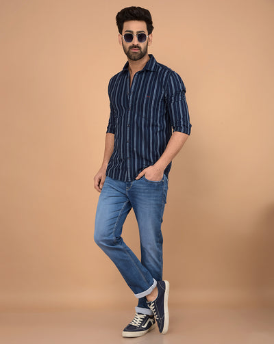 Blue Vertical Stripes 100% Cotton Shirt-Men Shirts-Crimsoune Club