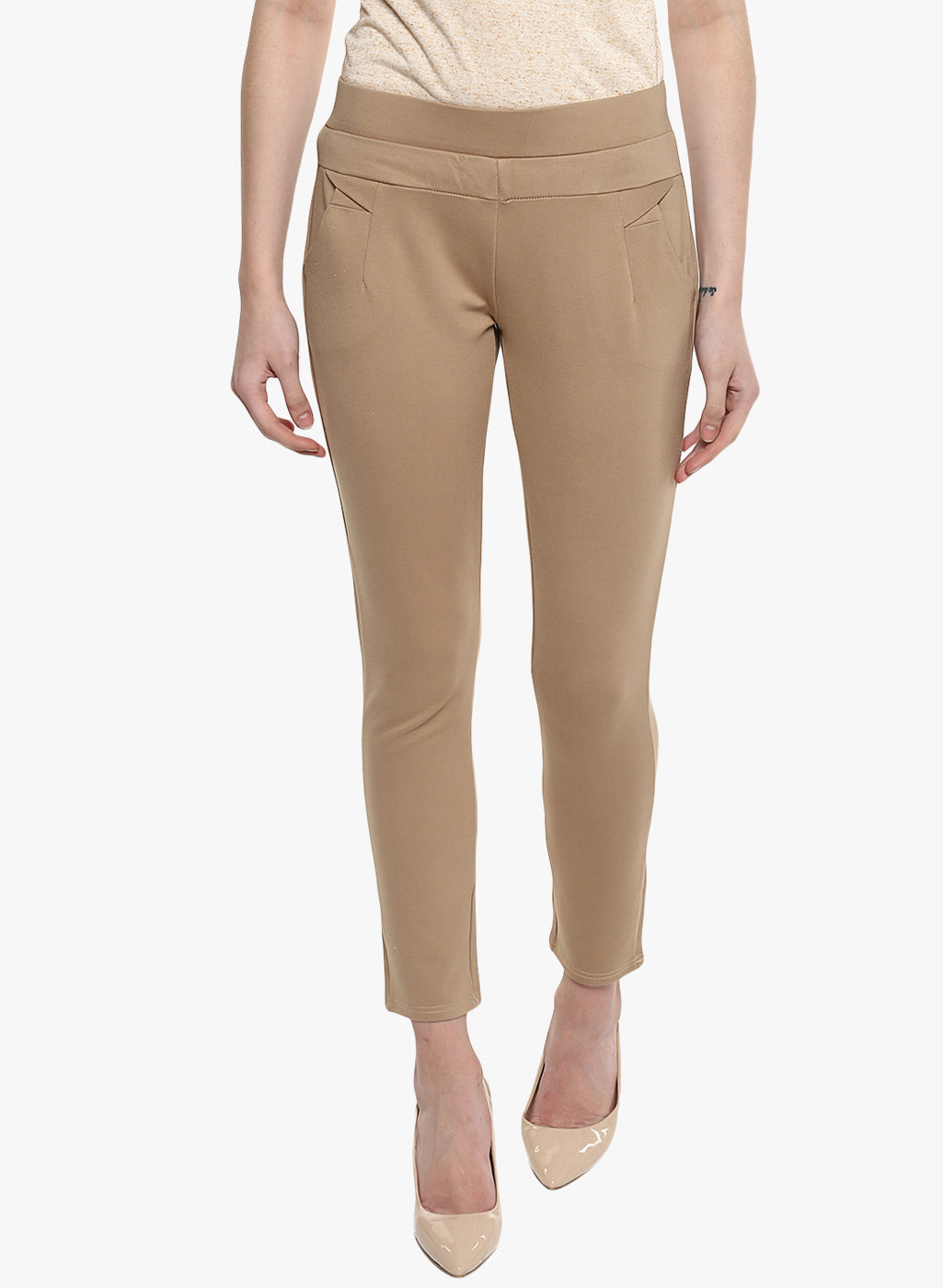 Beige Solid Track Pants-Women Track Pants-Crimsoune Club