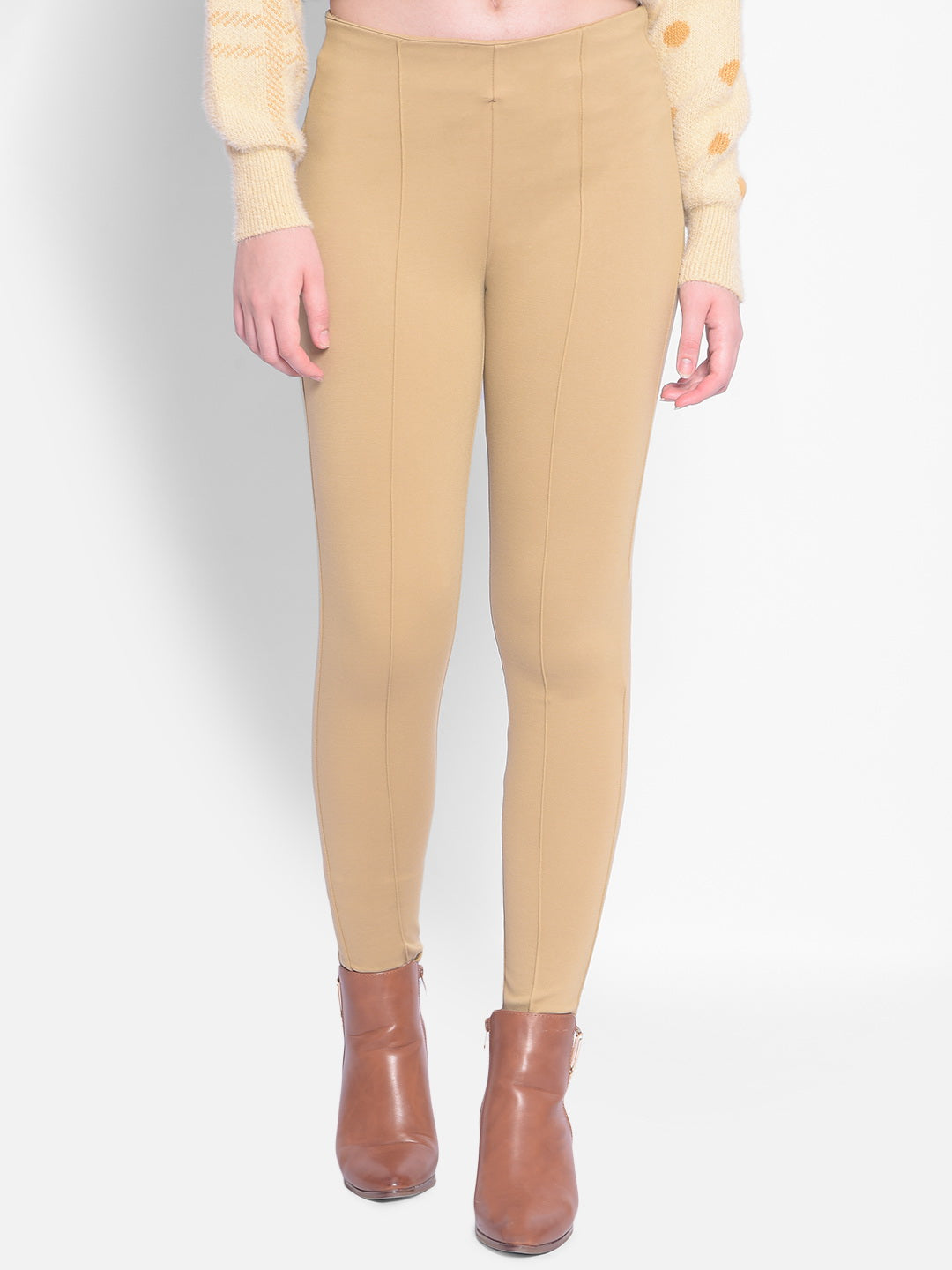 Beige Skinny Trousers-Women Trousers-Crimsoune Club