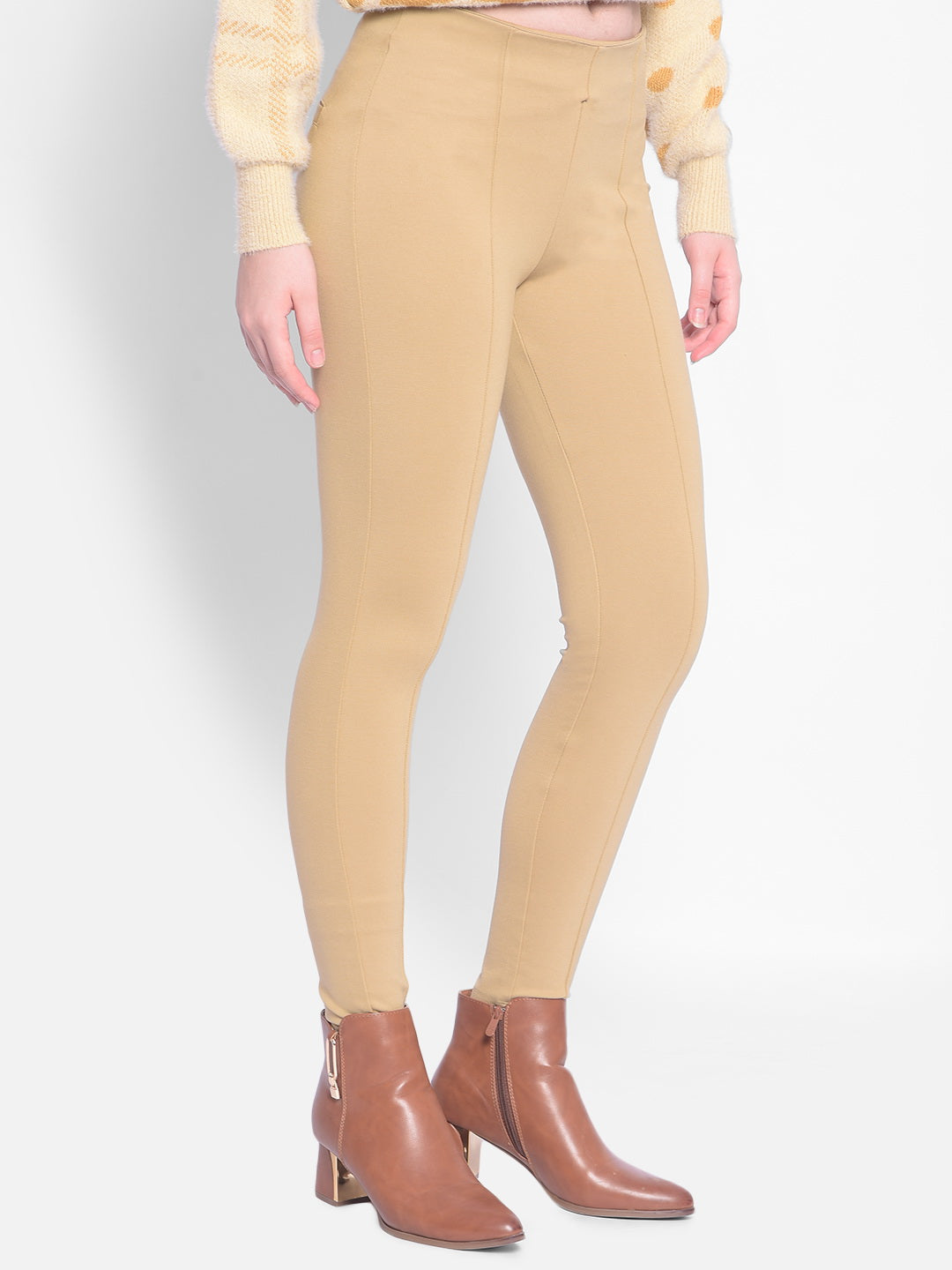 Beige Skinny Trousers-Women Trousers-Crimsoune Club