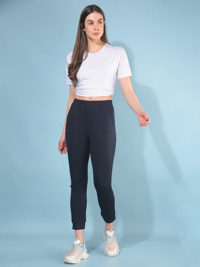 Navy Blue Skinny Joggers-Women Trackpants-Crimsoune Club