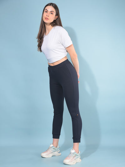 Navy Blue Skinny Joggers-Women Trackpants-Crimsoune Club