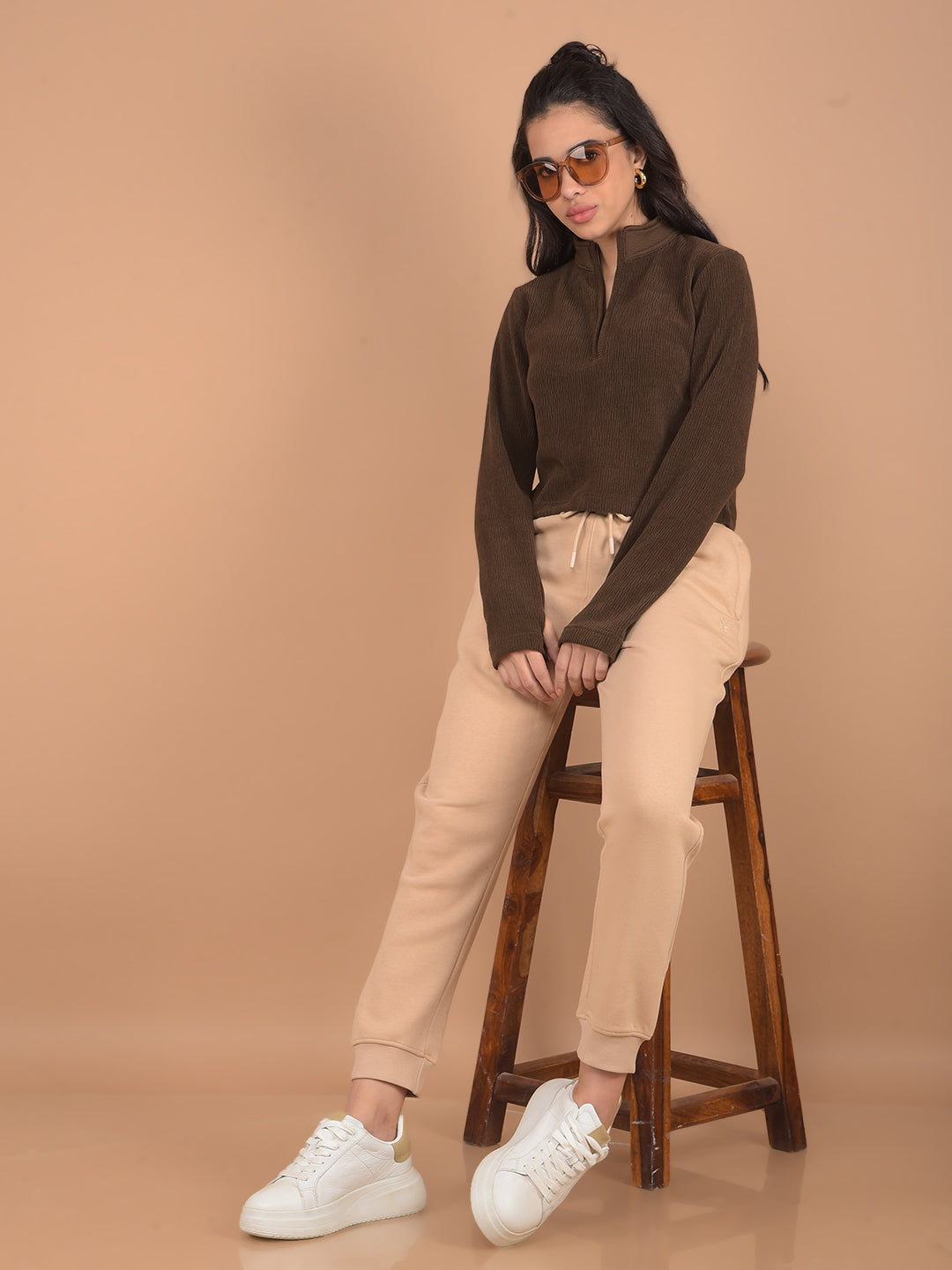 Beige Joggers-Women Trackpants-Crimsoune Club