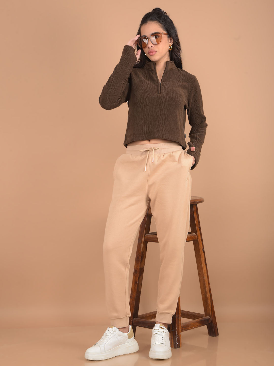 Beige Joggers-Women Trackpants-Crimsoune Club