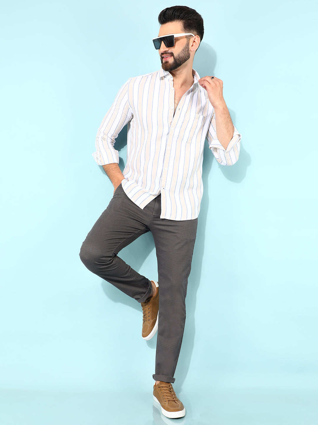 Beige Verticle Striped Shirt-Men Shirts-Crimsoune Club