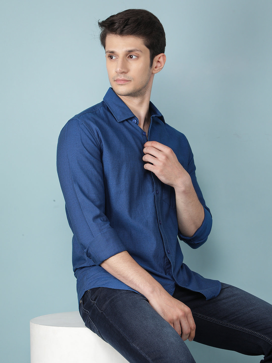 Blue Knitted 100% Cotton Shirt-Men Shirts-Crimsoune Club