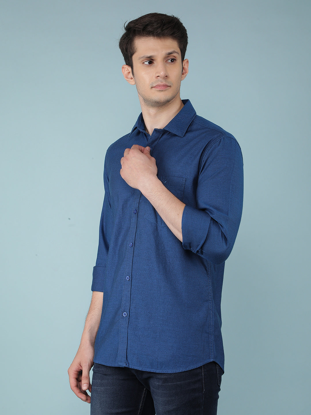 Blue Knitted 100% Cotton Shirt-Men Shirts-Crimsoune Club